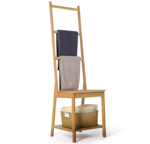 STORAGE LADDER 003 Free Standing Bamboo Ladder Storage Rack, Vertical Floor Towel Holder for Home